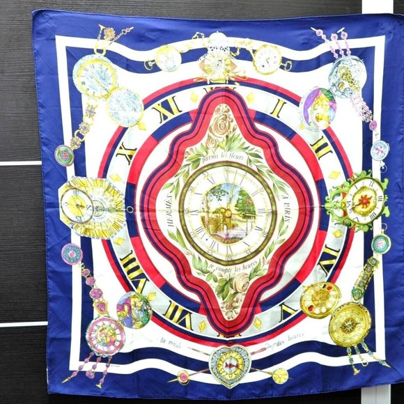 HERMES Carre 90 Scarf "parmi les fleurs je compte les heures" Silk Navy - Picture 1 of 13